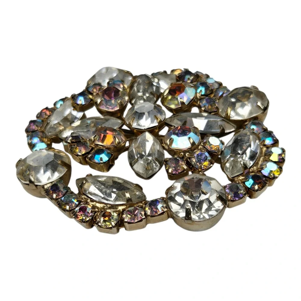Vintage Brooch Pin Rhinestone Gold Tone Multicolor Aurora Borealis Sunburst